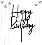 Set of 1 Black Acrylic Happy birthday Cake Topper,5 pcs silvery Star Cake Cupcake Topper(Black 1)