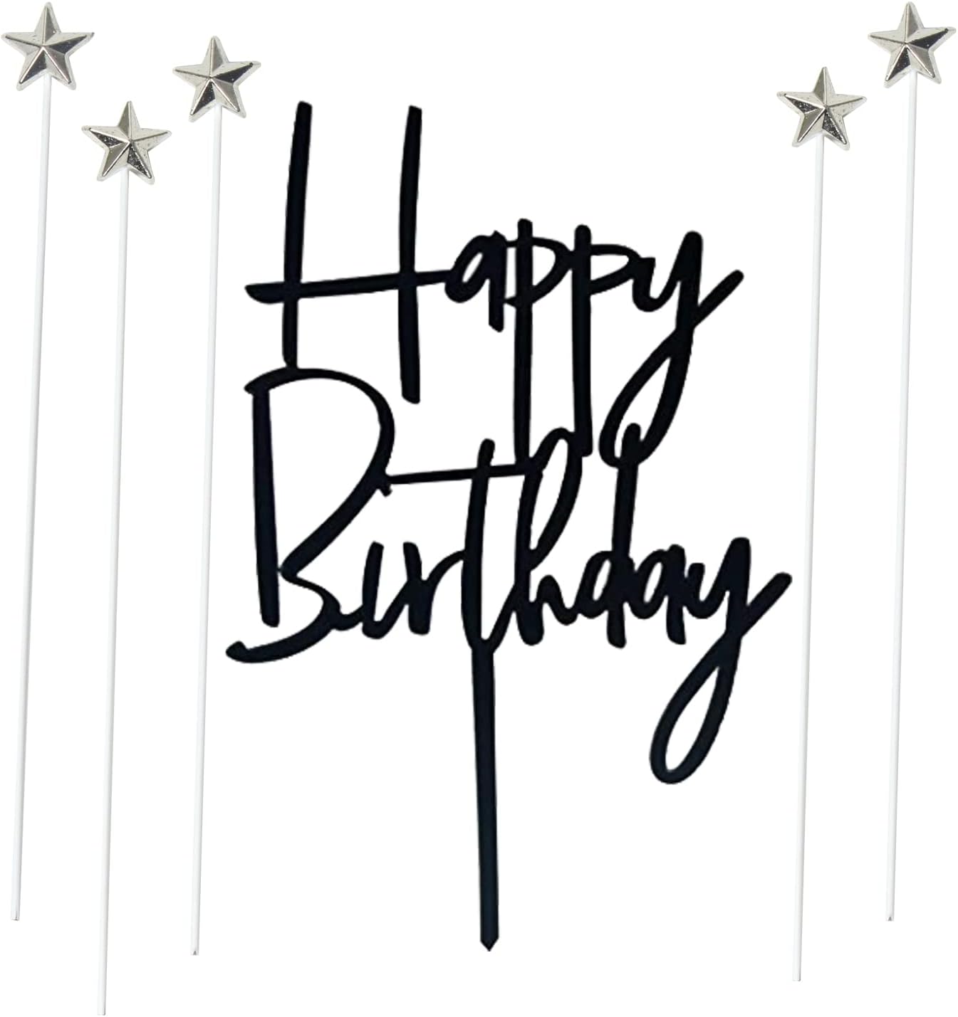 Set of 1 Black Acrylic Happy birthday Cake Topper,5 pcs silvery Star Cake Cupcake Topper(Black 1)