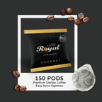 Royal Caffé ESE Pods Italian Espresso, Gourmet Blend Medium Roast, 70% Arabica Beans, Single Serving Paper Coffee Pods, 44mm Filter Paper, 150 Count (1 Pack, 8 Grams Each), For E.S.E Coffee Machines, Made in Italy