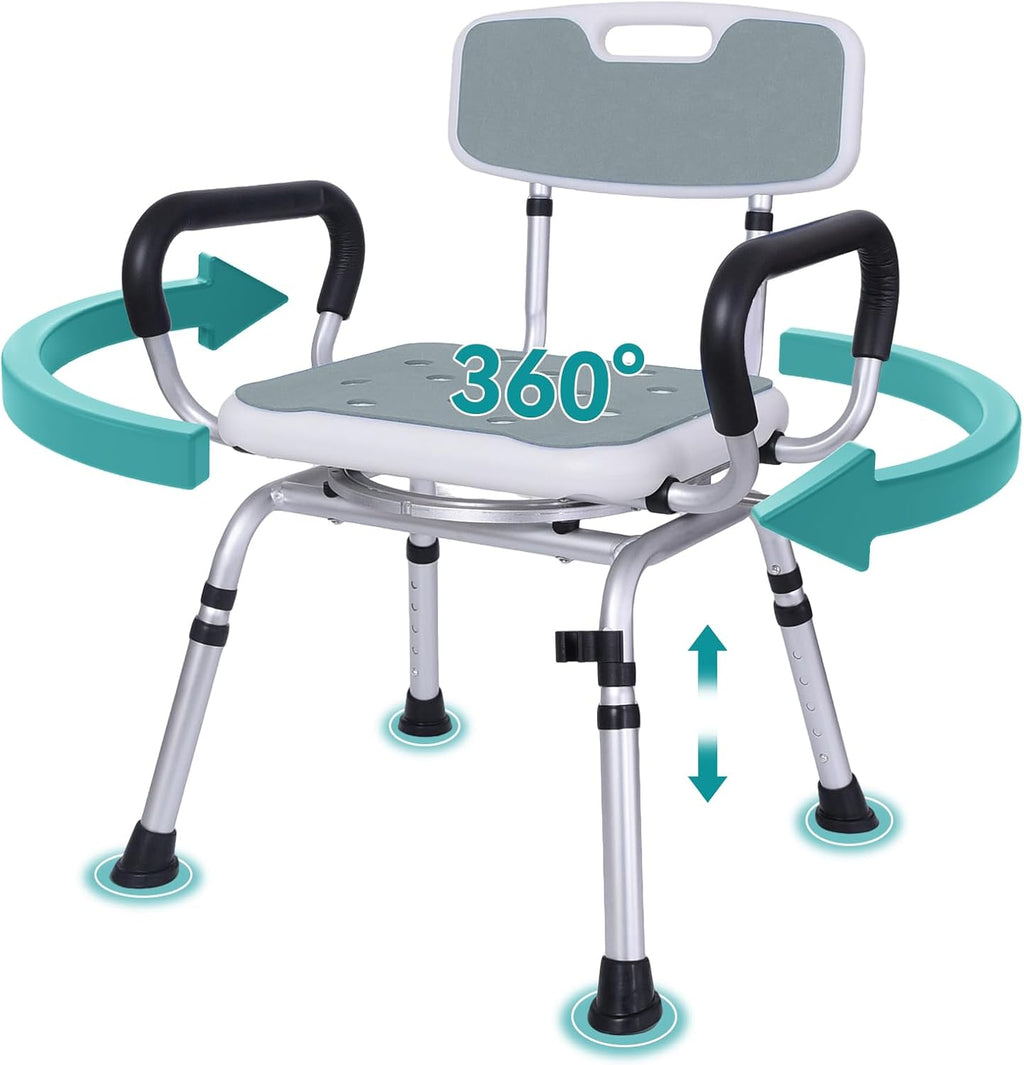 Swivel Shower Chair: 400 lbs Heavy Duty Shower Chair for Elderly Disabled Injured - Height Adjustable Shower Stool with Arms & Back - Non-Slip Rotating Shower Bench Seat for Tubs (Light Gray)