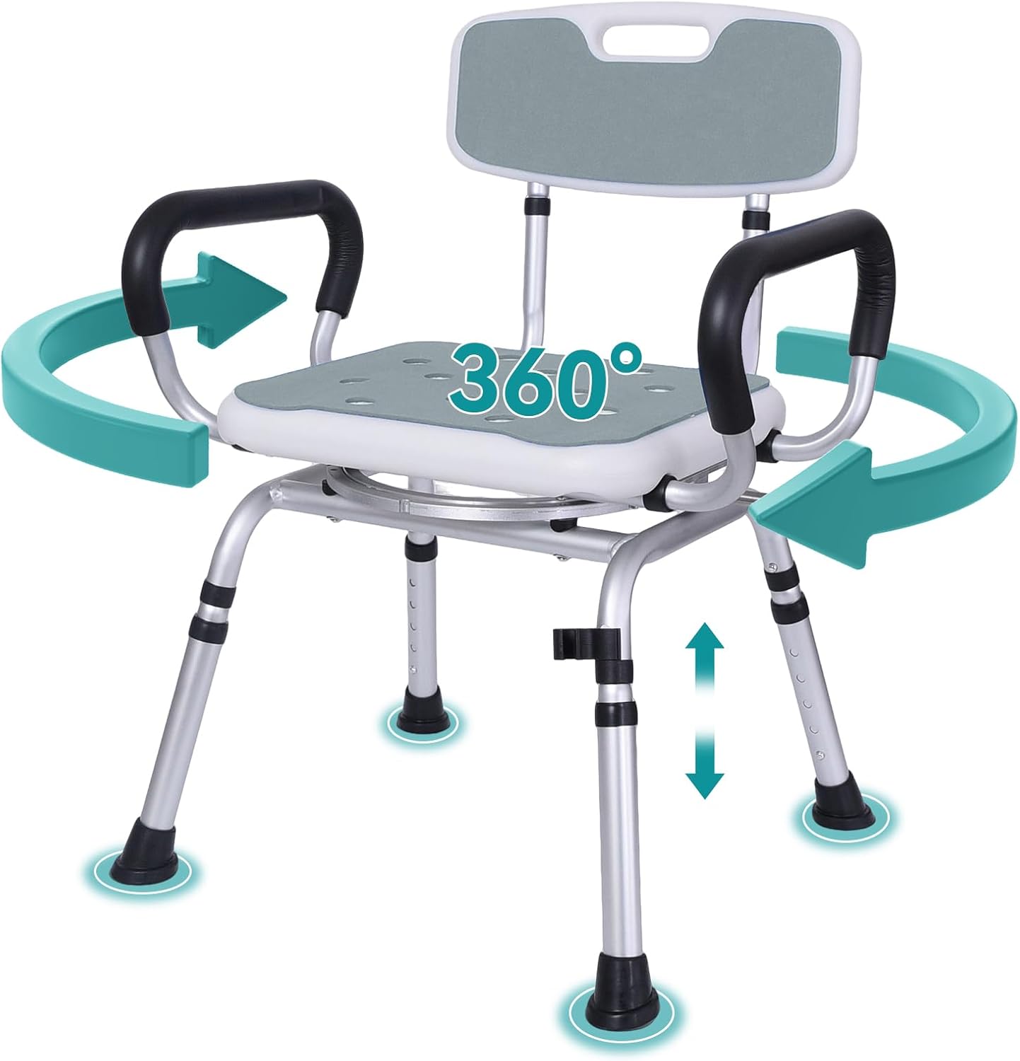 Swivel Shower Chair: 400 lbs Heavy Duty Shower Chair for Elderly Disabled Injured - Height Adjustable Shower Stool with Arms & Back - Non-Slip Rotating Shower Bench Seat for Tubs (Light Gray)