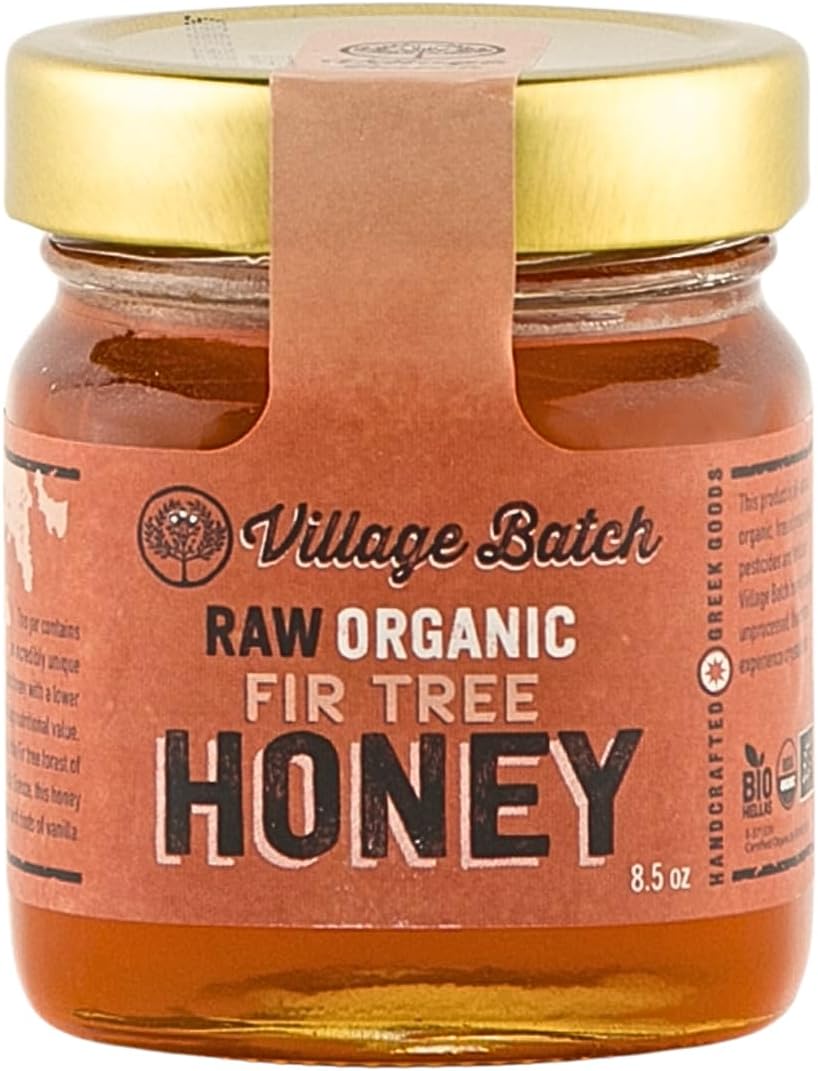 Village Batch Raw Organic Fir Tree Honey 8.5oz Jar (Pack of 1) Unfiltered and Unpasteurized Greek-Honey from Mainalo Mountain, Smooth Texture with Vanilla and Conifer Notes