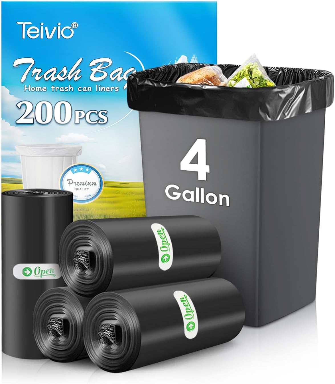 Teivio 4 Gallon 200 Counts Strong Trash Bags Garbage Bags, Bathroom Trash Can Bin Liners, Small Plastic Bags for Home Office Kitchen Kitchen (Black)
