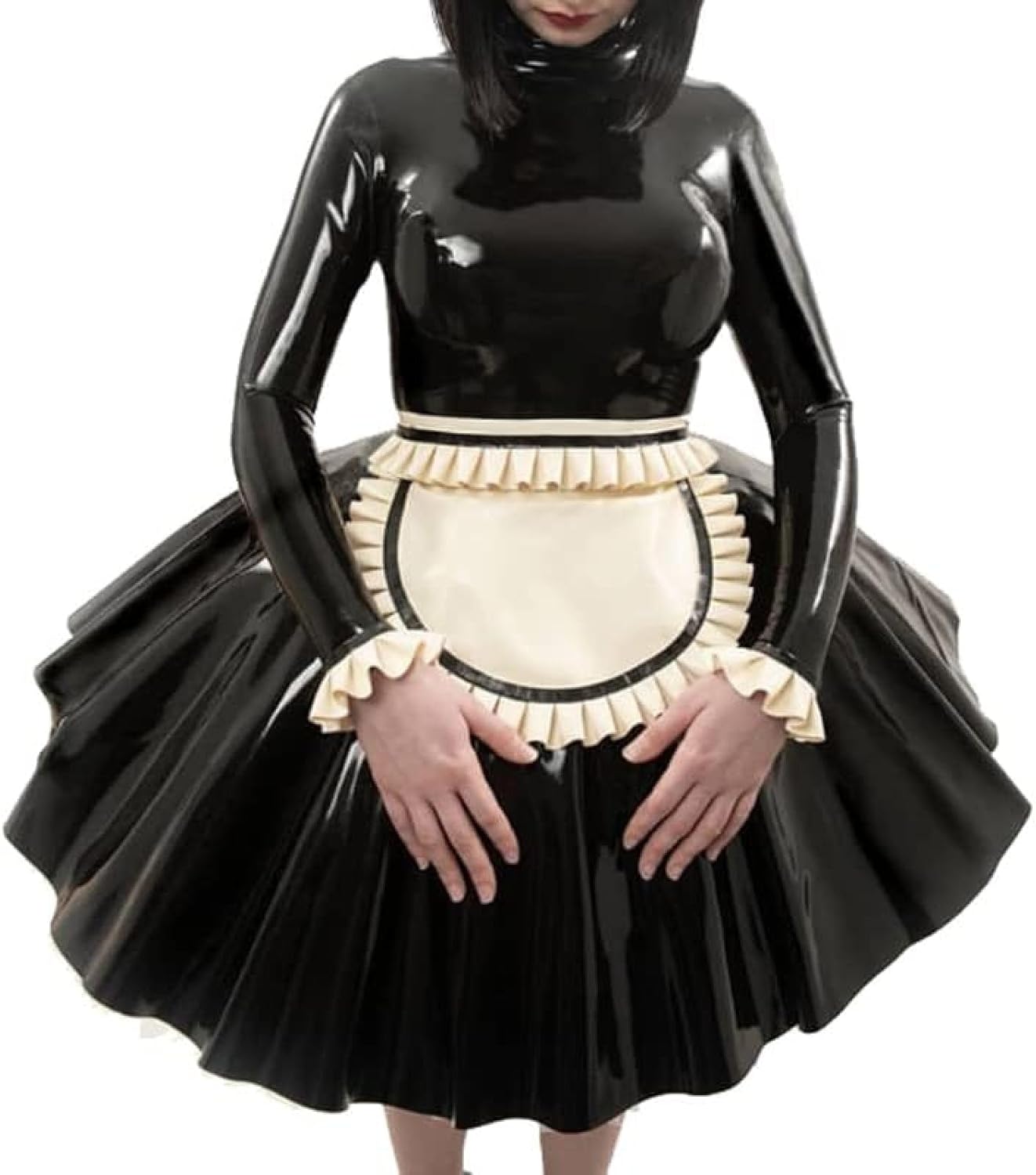 GOCTRN Sexy French Maid Latex Dress With Ruffs Cuffs On Apron Zipper At Back Rubber Uniform Bodycon Playsuit,Black,L