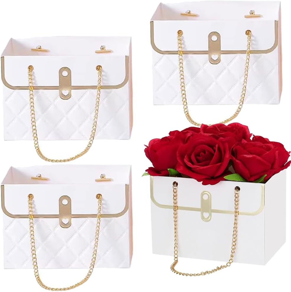 NADUSEP 4 PCS Flower Paper Gift Bag Bouquet Storage Bucket, Florist Flower Hand bag with Metal Chain Gift Case for Gifts Wrapping Supplies Bulk Mother's Day Valentine's Day Women's Day (White)