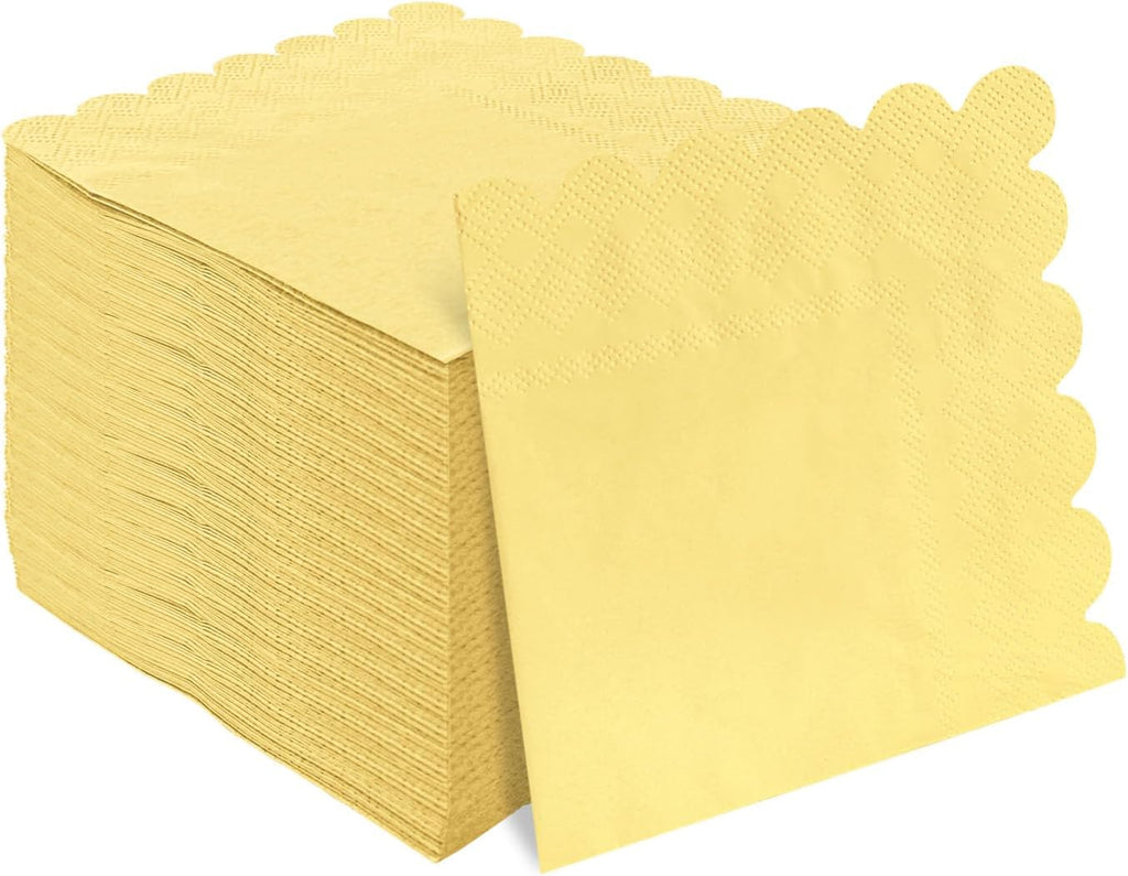 HEIPINIUYE 50 Pieces 3-ply Light Yellow Napkin Disposable Scalloped Cocktail Napkins Beverage Napkins Dessert Napkins Paper Napkins for Wedding Birthday Party Paper Dinner Napkins