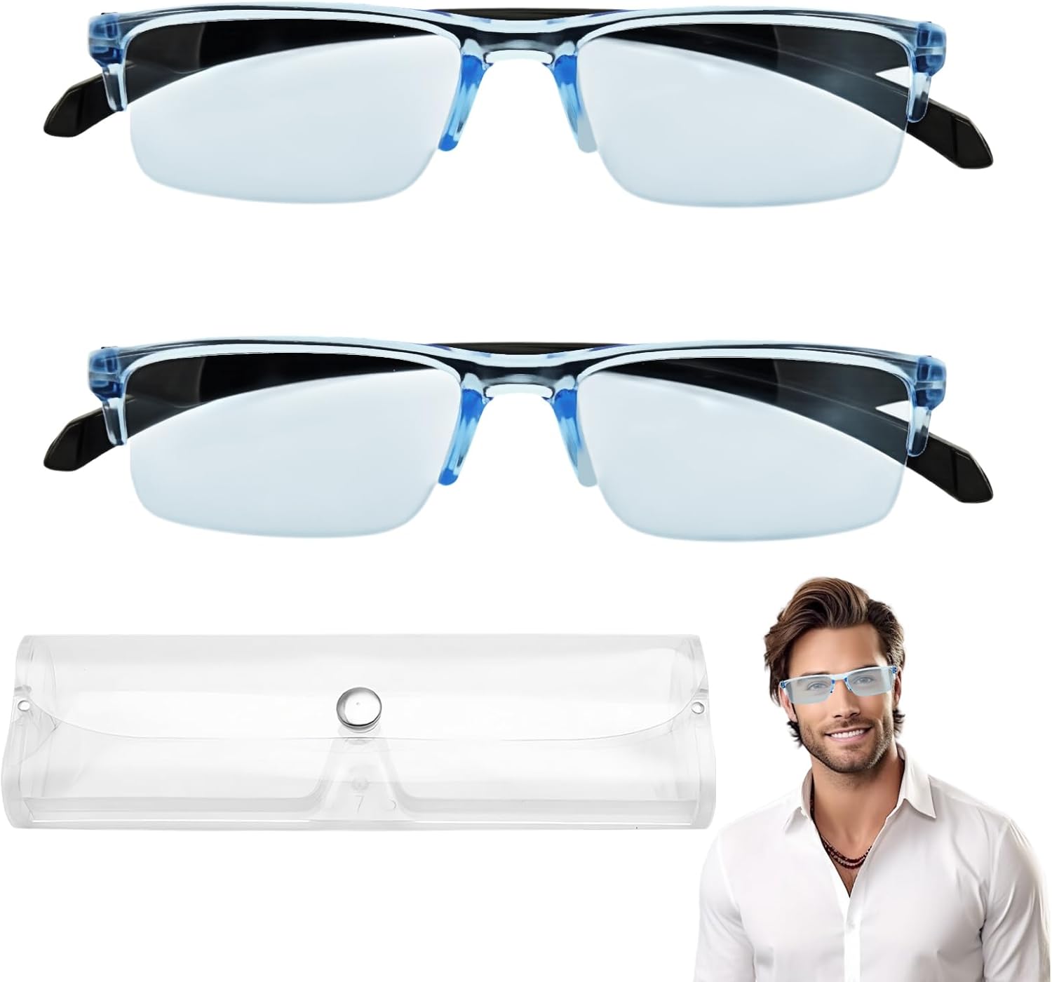 2 Pcs Auto Focus Glasses, Automatic Zoom Reading Intelligent Self Adjusting Presbyopia Anti-Blue Light Glass Adjustable Presbyopic Color-Changing Smart Look Far And Near For Men Women(Blue)