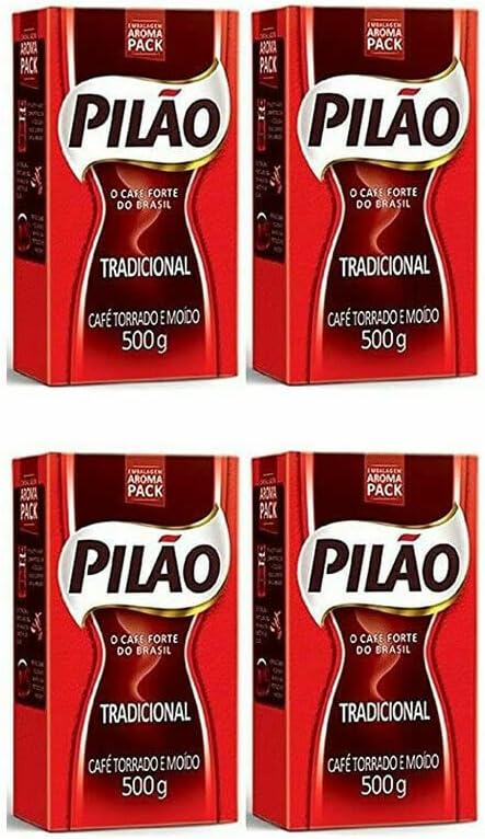 Pilao Coffee Traditional Roast and Ground- Café Torrado e Moído - 17.60oz. (500g)(PACK OF 4), Updated version