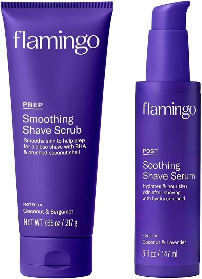 Flamingo Shaving Prep and Post Care Set for Women - Smoothing Shave Prep Scrub and Soothing Post Shaving Serum - Glow Shave Collection