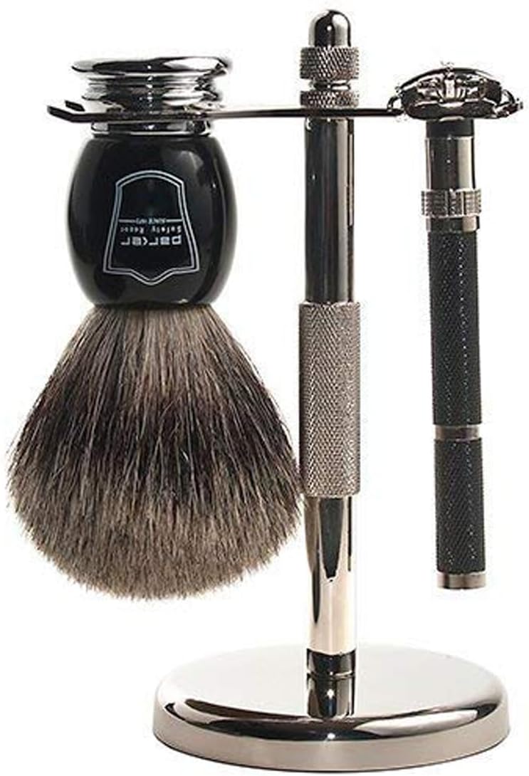 Parker 96R Men's Safety Razor Shave Set - Includes Parker Luxurious 3-Band Pure Badger Shave Brush, Deluxe Chrome Shave Stand & Parker 96R Butterfly Open Safety Razor