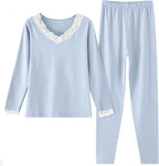 Womens Cotton Pajama Sets Long Sleeve Lace V Neck Thermals Top and Bottom Set Soft Comfy Loungewear Sleepwear