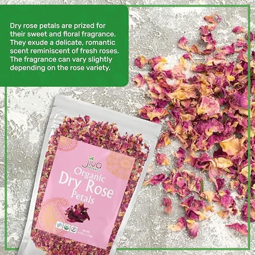 Jiva Organics Dried Red Rose Petals 4 Oz Bag - Non-GMO, USDA Organic, Food Grade, Edible Flowers - Use in Tea, Baking, Making Rose Water, Crafting, Wedding Confetti