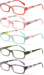 Kerecsen Reading Glasses 5 Pairs Fashion Ladies Readers Spring Hinge with Pattern Print Eyeglasses for Women (Mix Color -8, 1.50)