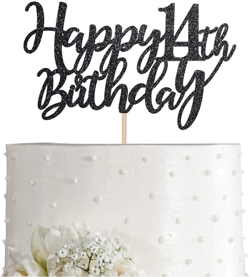 14 Black Glitter Happy 14th Birthday Cake Topper, Birthday Party Cake Topper Decorations, Supplies