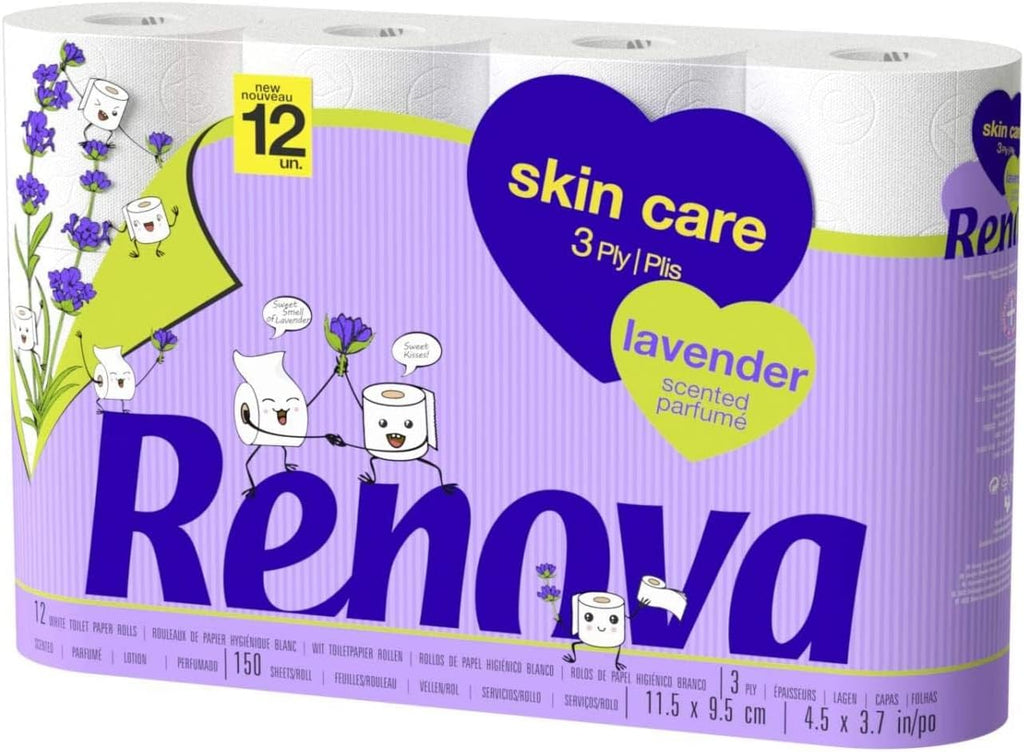Renova Skin Care Lavender Toilet Paper – 12 Premium Scented 3-Ply Rolls