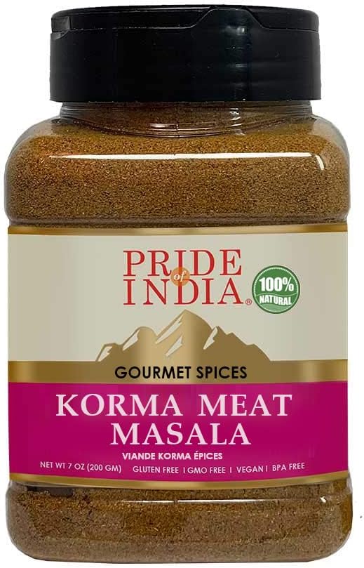 Pride of India Korma Meat Masala – 7 oz | Seasoning Spice Blend for Fresh Chicken, Mutton, Chop Meat, Lamb Curry, Biryani, Kebab & Marinades | Korma Masala in a Reusable Medium Jar
