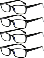 Kerecsen 4 Pack Reading Glasses for Men and Women with Spring Hinges, Lightweight Black Rectangular Readers Eyeglasses (4 Pack Black, 2.25)