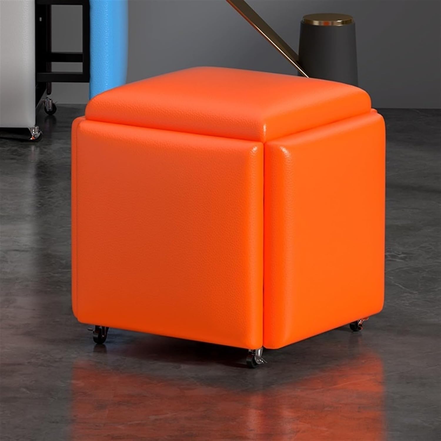 Folding Stool, 5 in 1 Seating Cube, Leather Square Ottoman Foot Stool with Wheels, Multifunctional Chair Suitable for Apartment Living Room(Orange,Large)