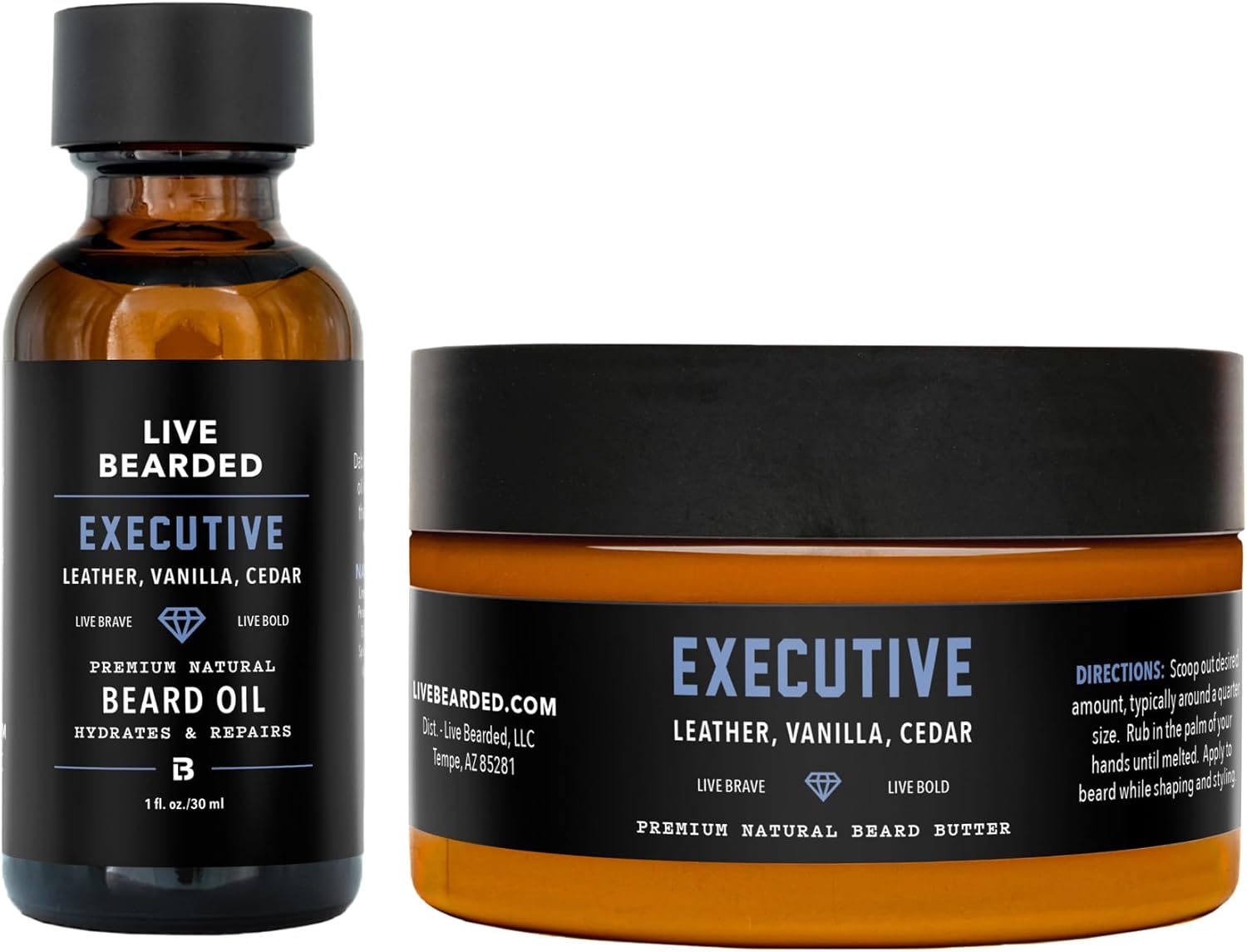 Live Bearded Beard Oil and Butter Grooming Kit - Made in the USA - All-Natural Ingredients with Shea, Argan, Jojoba - Growth Support | Executive Scent - Cedar, Vanilla