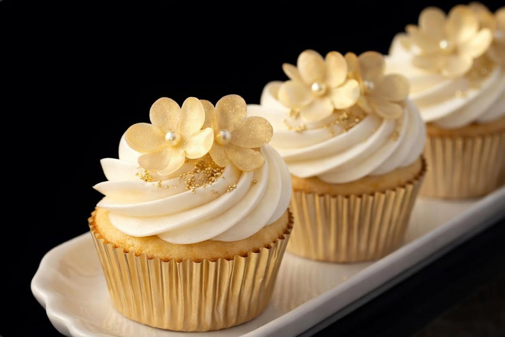 x100 Blossom Flowers (Shiny Gold) Handcrafted Edible Wafer paper flower topper for cakes/wafer flower/winter wedding cake topper/cupcake topper /