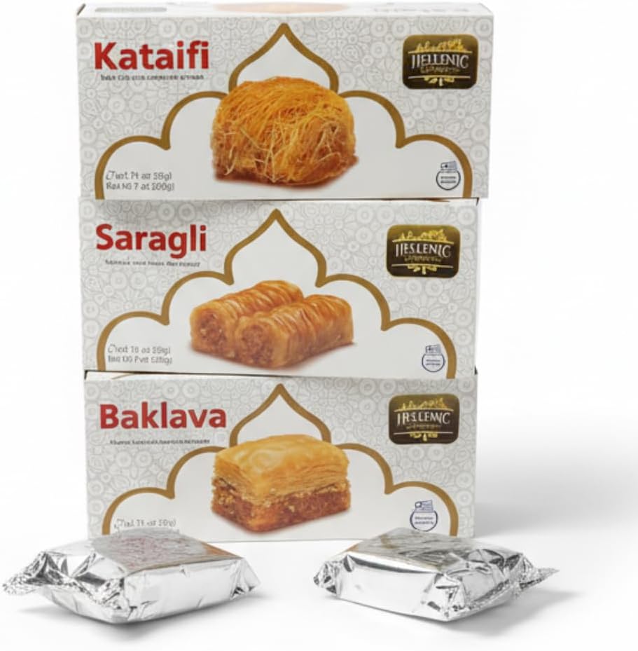 Handmade Greek Baklava Pastry Collection – 3-Pack | Baklava, Kataifi & Saragli | 4 Individually Wrapped Treats per Box | Authentic Mediterranean Desserts with Almond & Honey | Perfect for Lunches, Snacks & On-the-Go