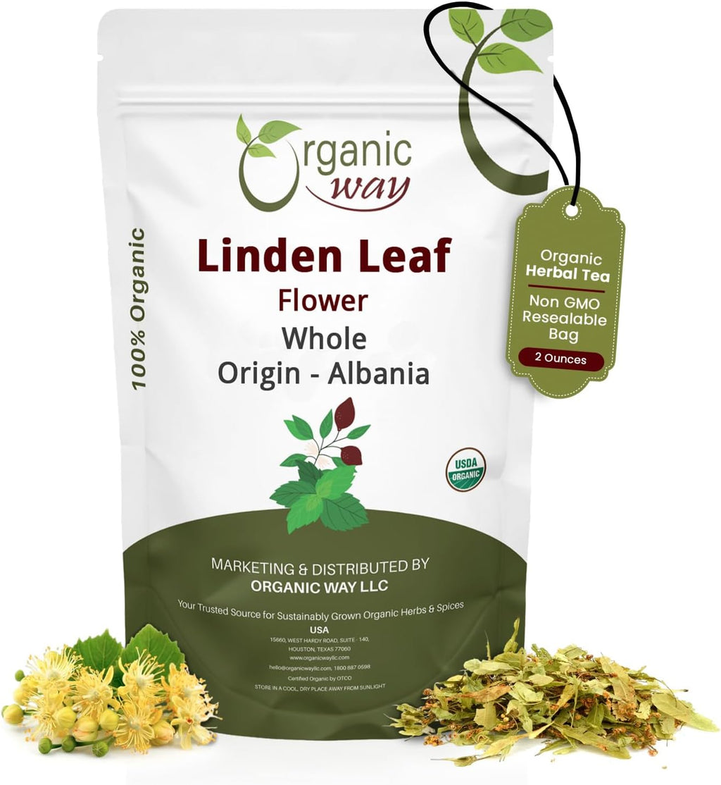 Organic Way Linden Flower & Leaf Herbal Tea Blossom & Culinary Use | European Wild-Harvest | Kosher & USDA Certified | Vegan, Non-GMO & Gluten Free | 100% Raw from Albania (2 Oz)