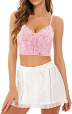 Testudineus Women's Floral Embroidered Crop Top Spaghetti Strap Sleeveless Sexy Sheer Mesh Corset Top Rave Party Top Tee
