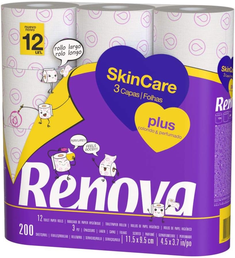 Renova Toilet Paper - Skin Care Plus, decorated, fragranced – 12 rolls (toilet paper).