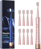 AJELU Sonic Electric Toothbrush for Adults, USB Rechargeable Sonic Toothbrush with 8 Brush Heads, Smart Timer, 5 Modes, 2-Hour Fast Charge Last 30 Days, Pink