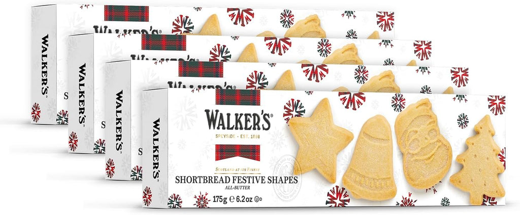 Walker's Shortbread Assorted Festive Shaped Cookies, Pure Butter Shortbread Cookies, 6.2 Oz (Pack of 4)