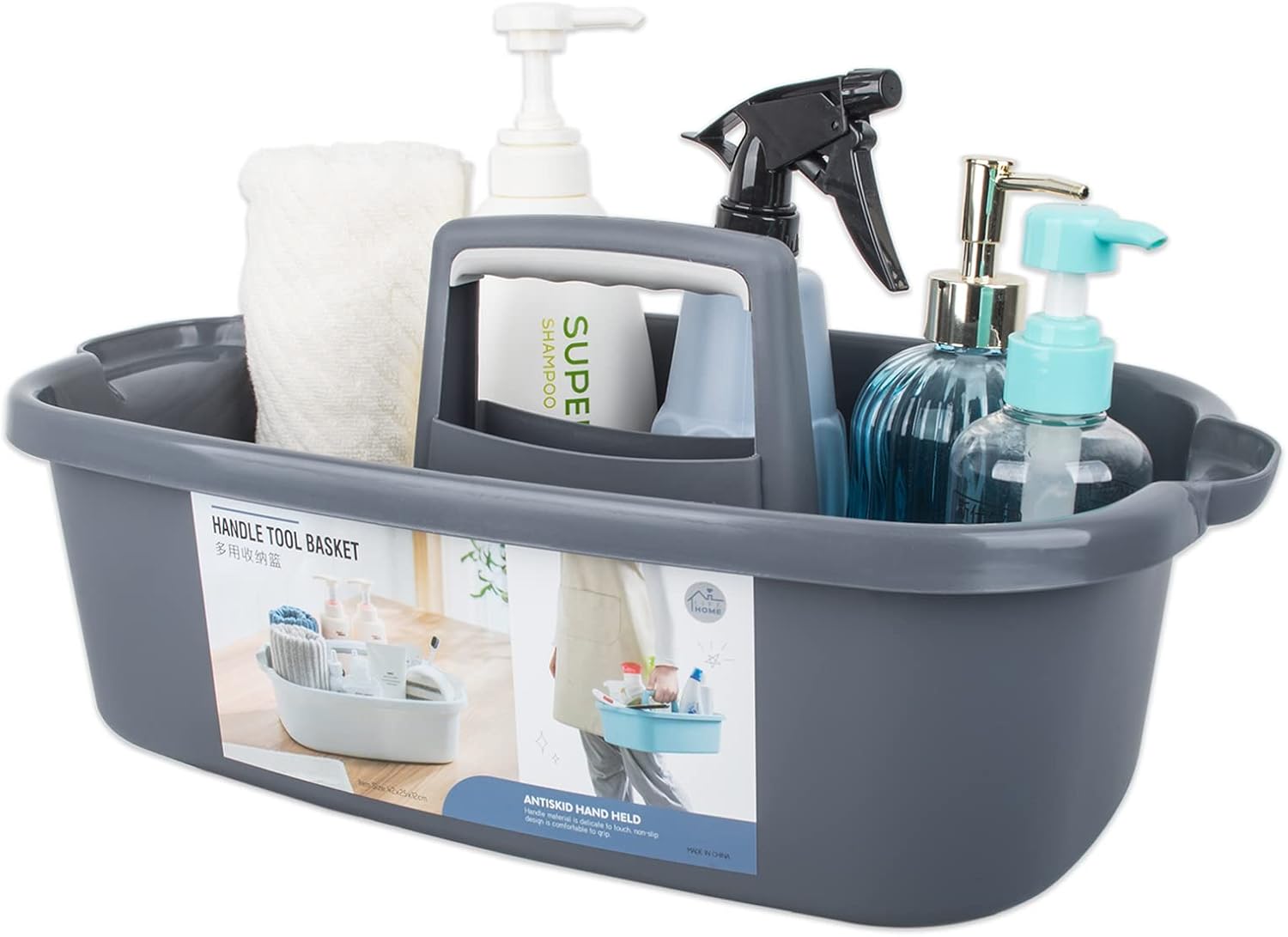 JiatuA Large Cleaning Supplies Caddy Portable Shower Basket Supply Organizer with Handle Plastic Bucket Tool Storage for Bathroom, Bedroom, Kitchen, College Dorm, Garden, Dark Gray