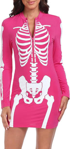 HDE Women's Skeleton Dress Spooky Long Sleeve Bones Mini Dress Halloween Party Costume Fitted Stretchy Bodycon with Half Zip