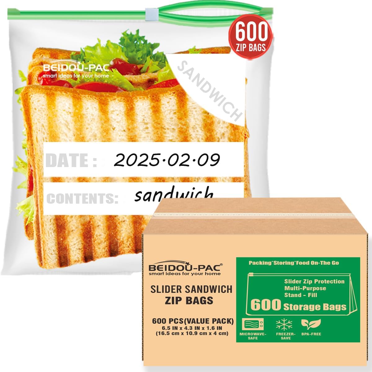 BEIDOU-PAC Slider Sandwich Food Storage Freezer Bags with Stand-Up Bottom, 600 Count | 2 Mil | 6.5 IN x 4.3 IN x 1.6 IN, Freshness Easy Open Reclosable Clear Plastic Bags (Slider-sandwich-600count)