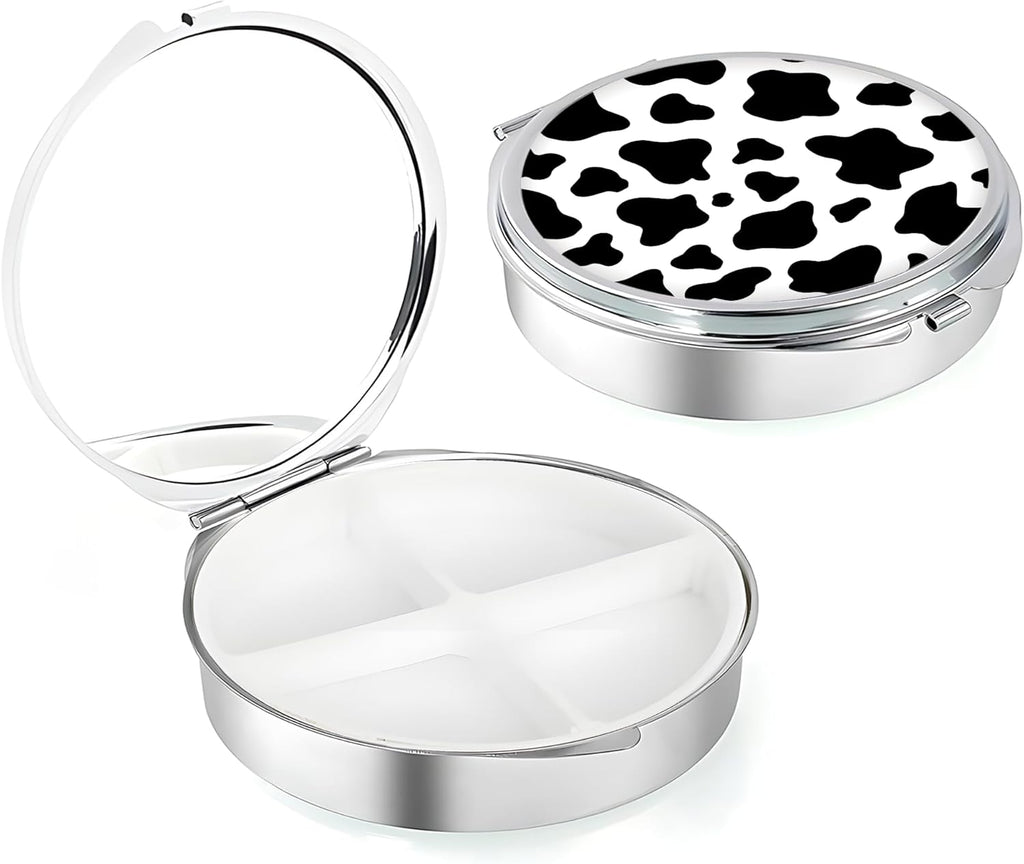 Weekly Pill Case, Medicine Planner, Vitamin Organizer Box, Portable Daily Pill Box with Compartments,Pocket Purse Metal Medicine Organizer Unique Gifts,Cow Pattern