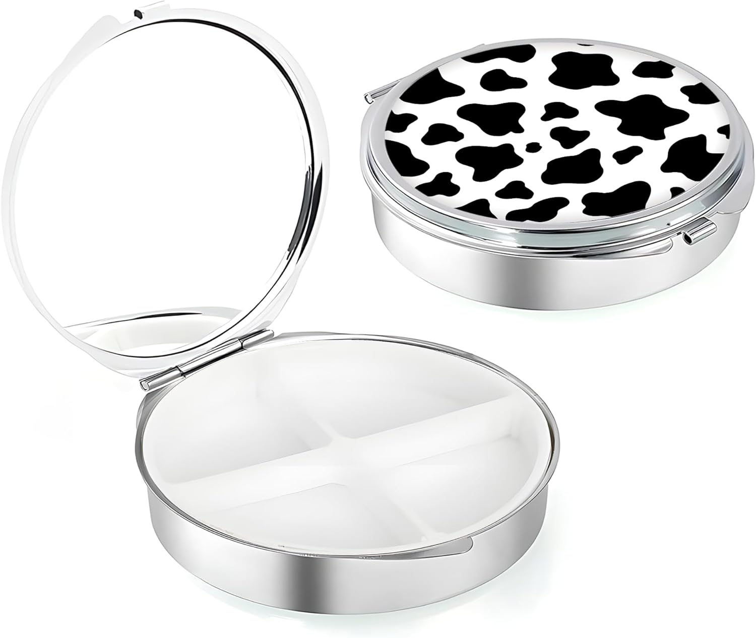 Weekly Pill Case, Medicine Planner, Vitamin Organizer Box, Portable Daily Pill Box with Compartments,Pocket Purse Metal Medicine Organizer Unique Gifts,Cow Pattern