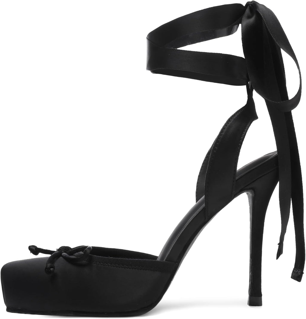 Riekhany Satin Ballet Heels for Women Closed Square Toe Bow Ballerina Heels Lace Up High Heel Slingback Pumps Strappy Stiletto Mary Janes Elegant Party Shoes
