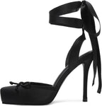 Riekhany Satin Ballet Heels for Women Closed Square Toe Bow Ballerina Heels Lace Up High Heel Slingback Pumps Strappy Stiletto Mary Janes Elegant Party Shoes