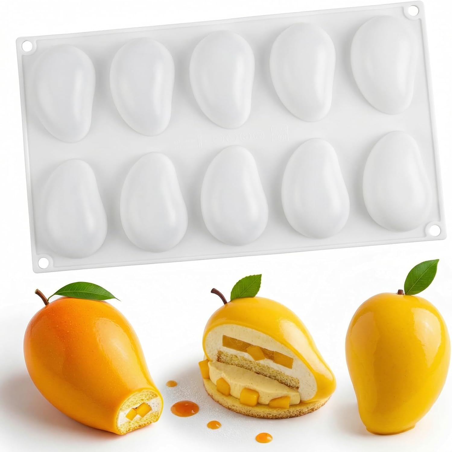 JJUNW Mango Silicone Mold for Baking Mousse Cake, Mango Shape Cake Mold with 10 Cavities Non-Stick Silicone Cake Decoration Mold for Baking Pastry Chocolate Cake Dessert DIY(11.6x6.7x0.7 In)