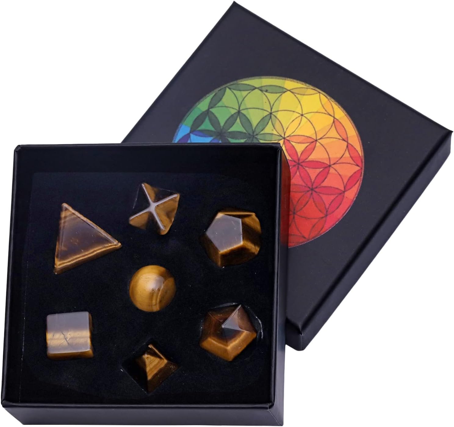 Nupuyai Pack of 7 Natural Tiger's Eye Stone Healing Platonic Solids Crystal Set with Merkaba Star Geometry Energy Stone Kit for Reiki Meditation Home Decor