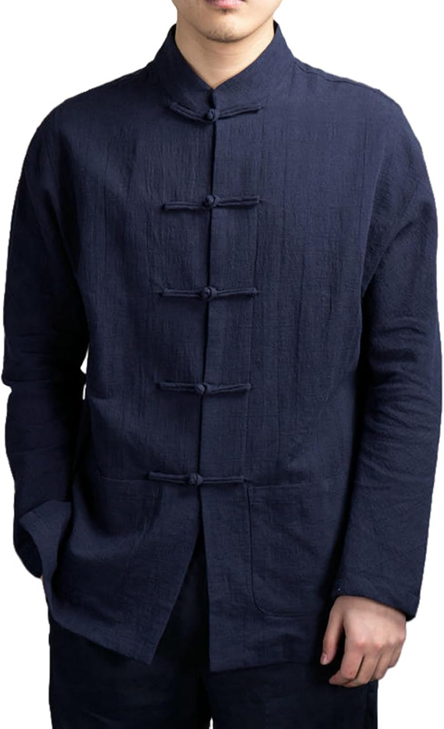 Men's Cotton Linen Blend Long Sleeve Mandarin Collar Shirt Pocket Detail Chinese Style Retro Loose Fit Casual Wear