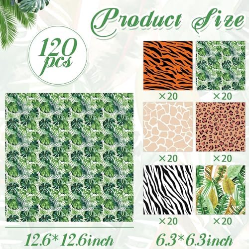 120Pcs Jungle Safari Wild Animal Party Supplies Disposable Jungle Zoo Animal Print Tropical Paper Napkins for Birthday Party, Baby Shower and Safari Theme Decorations, 6 Style