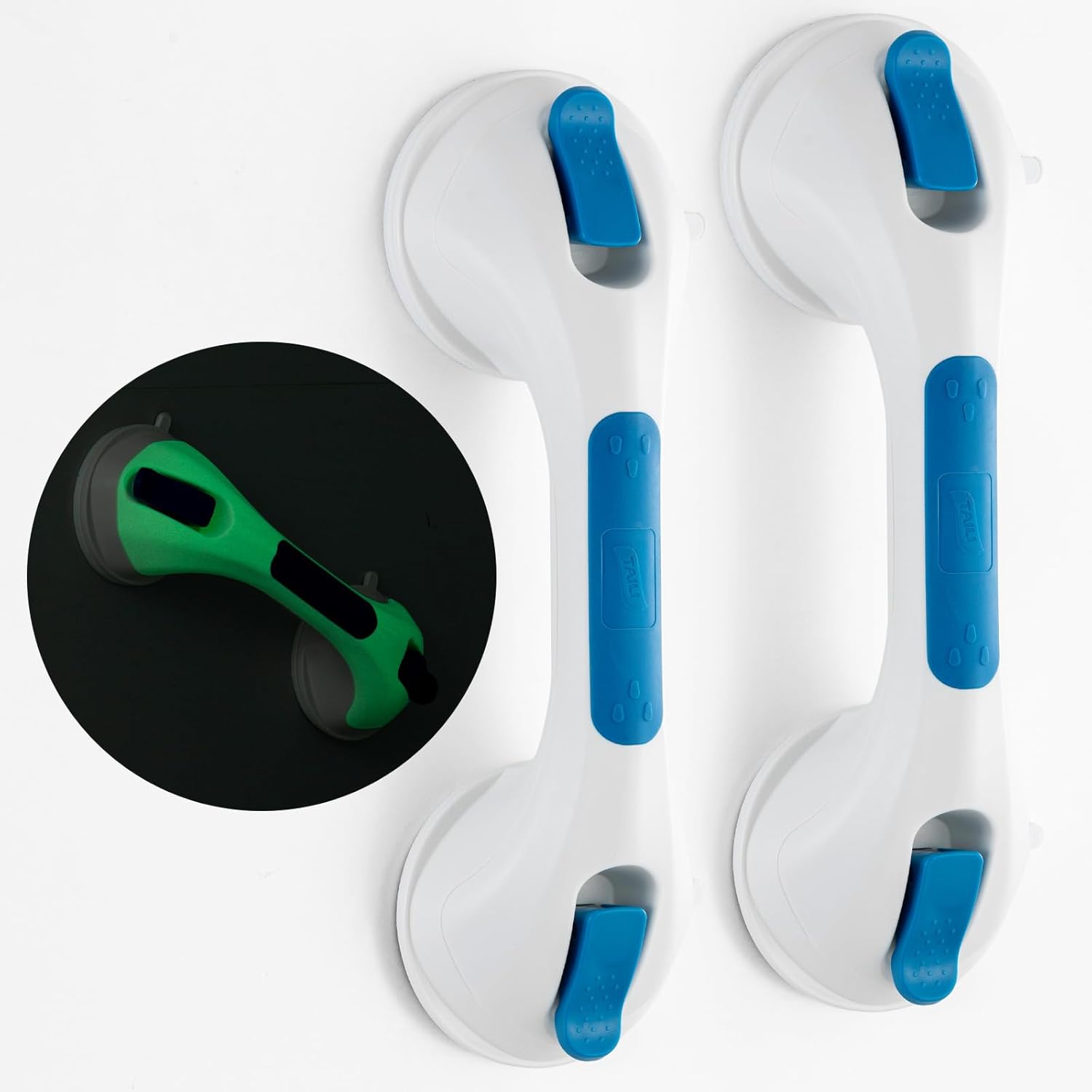 TAILI Grab Bars for Shower Glow in The Dark, 2 Pack 12.2" Grab Bars for Bathtubs and Showers,Shower Handles Shower Rails for Seniors and Elderly,Bathroom Safety Removable No Drilling Waterproof Blue