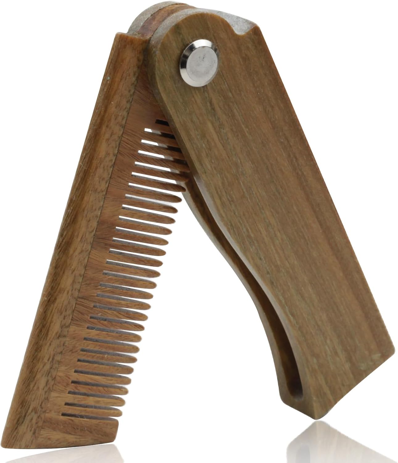 Folding Green Sandalwood Beard Comb for Men, Natural Wood Comb for Grooming Beards, Mustaches, and Hair, Compact and Travel-Friendly