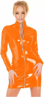 Women Sexy Zipper PVC Mini Dress Catsuit Novelty Club Party Dress Bodycon Long Sleeve Turtleneck,Orange,XL
