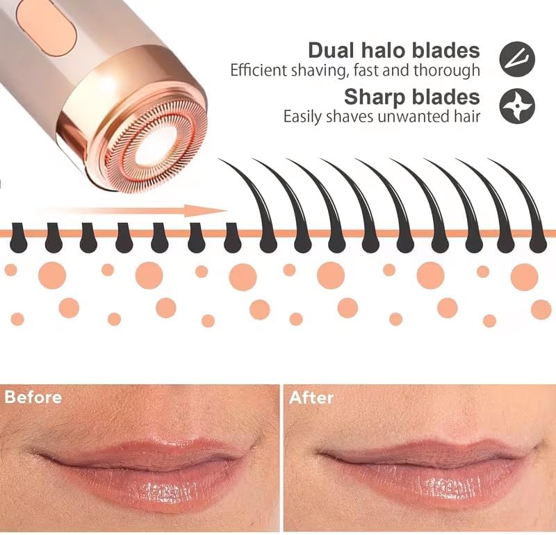 Epilator for Women, 2-in-1 Facial Hair Removal for Women, Portable Designed, Rechargeable, Built-in LED Light for Precision, Painless Hair Remover & Shaver for Face, Lips, Chin, Eyebrows (Peach)