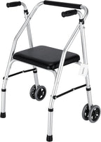 Standard Walker,Aluminum Folding Lightweight Walkers with Seat Support up to 300lbs,Adjustable Height with 5-inches, 2-Wheels Narrow Walkers for Seniors&Handicapped,Black,YMX8236XC