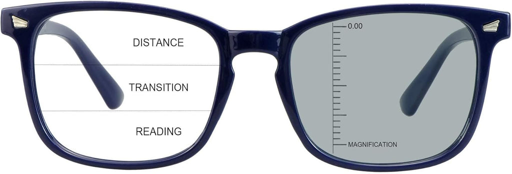 Vintage Square Progressive Multifocal Presbyopic Glasses, Photochromic Gray Sunglasses for Men Women Readers (Navy,+0.00/+2.00 Magnification)