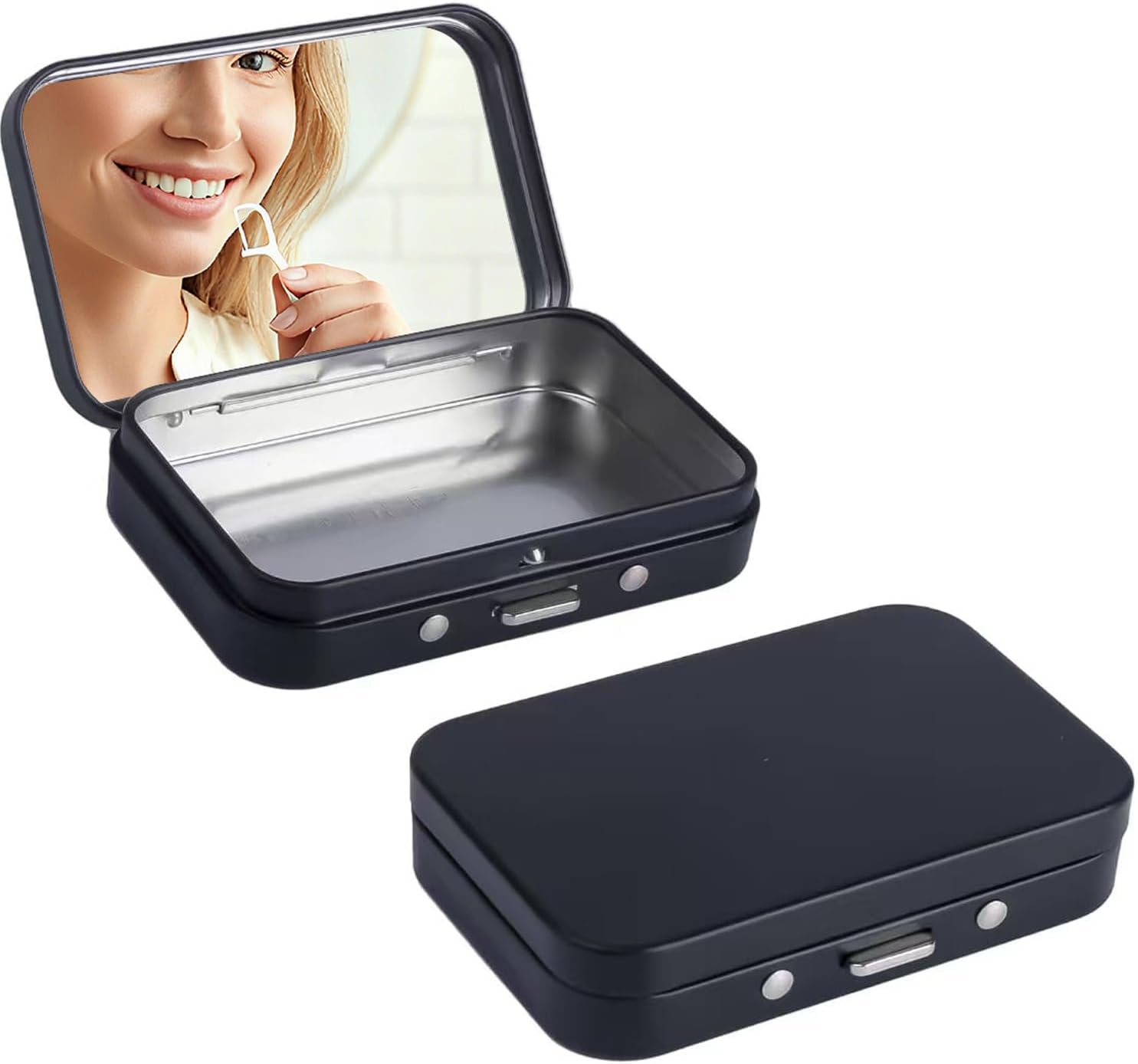 2Pack Dental Floss Portable Case with Mirror,Refillable Portable Floss Pick Holder Container,Small Floss Dispenser for Travel, Dates,Dinners and Hotels(Black)