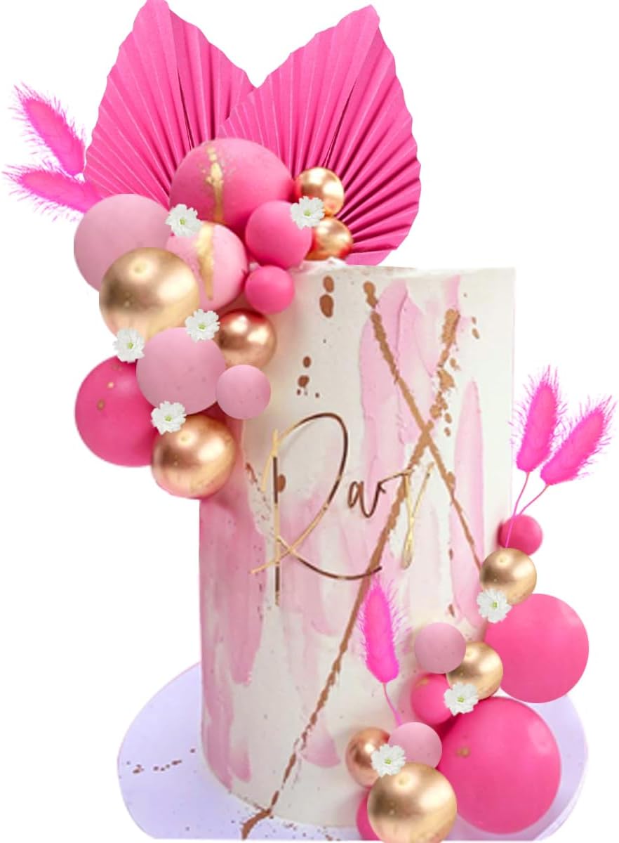 Flower Cake Topper Gold Palm Leaves Balls Cake Decoration for Baby Shower Birthday Party (Hot Pink)