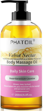 PHATOIL Rose Body Oil, Velvet Nectar Body Massage Oil 260 ml (8.8 fl.oz), Blends of Natural Plant Oils & Essential Oils for Massage and Skin Care, Body Oils for Women and Men